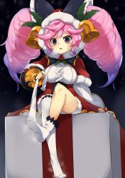 Rule 34 | 1girl, bell, blush, breasts, cleo (dragalia lost), comeyan, dragalia lost, full body, fur trim, furrowed brow, gradient hair, hair bell, hair ornament, highres, large breasts, long hair, long sleeves, multicolored hair, open mouth, pink hair, purple eyes, purple hair, sidelocks, sitting, solo, sweatdrop, thighhighs, twintails, white thighhighs