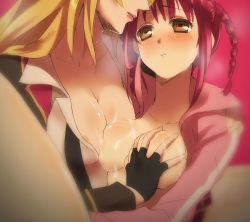 Rule 34 | 2girls, absurdres, blonde hair, grabbing another&#039;s breast, breasts, couple, grabbing, highres, jacket, large breasts, lips, long hair, looking at another, medium breasts, multiple girls, pink hair, shikishima mirei, short twintails, simple background, sweat, tokonome mamori, twintails, valkyrie drive, valkyrie drive -mermaid-, wet, yellow eyes, yuri