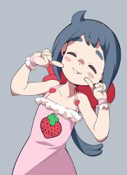 Rule 34 | 1girl, blue hair, bow, closed eyes, commentary request, constanze amalie von braunschbank-albrechtsberger, dress, food, frilled dress, frills, fruit, grey background, hair bow, head tilt, highres, index finger raised, little witch academia, long hair, pink dress, ponytail, popopo, red bow, simple background, sleeveless, sleeveless dress, smile, solo, strawberry, upper body