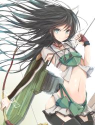 Rule 34 | 10s, 1girl, arrow (projectile), black hair, blue eyes, bow (weapon), hair ribbon, highres, japanese clothes, kantai collection, katsuragi (kancolle), long hair, midriff, miniskirt, nao (qqqbb), ponytail, ribbon, simple background, skirt, smile, solo, weapon