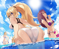 Rule 34 | 3girls, absurdres, ahoge, artoria pendragon (all), artoria pendragon (fate), ass, ass grab, bare arms, bare shoulders, bikini, black hair, blonde hair, blue sky, braid, breasts, butt crack, cloud, cloudy sky, competition swimsuit, day, fate/grand order, fate (series), finger to mouth, from below, glasses, high ponytail, highres, huge ass, jeanne d&#039;arc (fate), jeanne d&#039;arc (ruler) (fate), jeanne d&#039;arc (swimsuit archer) (fate), justin jung, licking, licking finger, long hair, looking at viewer, looking back, multiple girls, one-piece swimsuit, outdoors, ponytail, profile, saber (fate), scathach (fate), side-tie bikini bottom, sky, swimsuit, tongue, tongue out, wading, water, white bikini, wide hips