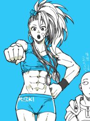 Rule 34 | 1boy, 1girl, abs, artist request, bald, bandaid, bandaid on face, captain mizuki, highres, medal, muscular, muscular female, one-punch man, open mouth, ponytail, saitama (one-punch man), spot color, tank top