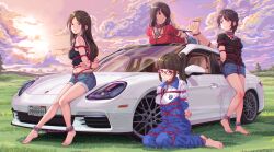 Rule 34 | 4girls, absurdres, ankle cuffs, arms behind back, barefoot, bdsm, black shirt, bondage, bound, breasts, brown hair, car, cloud, cloudy sky, collar, glasses, grass, highres, hogtie, kneeling, leveen, long hair, medium breasts, midriff, motor vehicle, multiple girls, on grass, original, outdoors, ponytail, red shirt, restrained, school uniform, shibari, shirt, short shorts, shorts, sky, smile, toes
