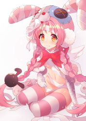 Rule 34 | 1girl, absurdres, alternate costume, animal hat, bad id, bad pixiv id, bandaged arm, bandages, blush, braid, breasts, commentary request, hat, highres, long hair, looking at viewer, mimi (halloween) (princess connect!), mimi (princess connect!), navel, pink hair, princess connect!, rabbit hat, ribbon, simple background, sitting, small breasts, solo, striped clothes, striped thighhighs, thighhighs, twin braids, white background, wings, yellow eyes, yushe quetzalli