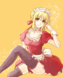 Rule 34 | 00s, 1girl, apron, artist request, artoria pendragon (all), artoria pendragon (fate), fate/stay night, fate (series), female focus, green eyes, looking at viewer, maid, maid apron, nero claudius (fate), nero claudius (fate/extra), ribbon, saber (fate), smile, solo, thighhighs