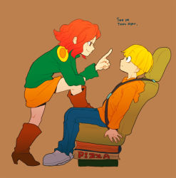 Rule 34 | 1boy, 1girl, blonde hair, blunt bangs, book, boots, bowl cut, brown background, brown eyes, car seat, cartoon network, chair, codename: kids next door, constricted pupils, cowboy boots, english text, eye contact, numbuh 86, freckles, from side, green eyes, high heels, hood, hoodie, index finger raised, leg up, long sleeves, looking at another, orange skirt, pizza box, profile, red hair, restrained, seatbelt, simple background, sitting, skirt, smile, standing, t k g, numbuh 4, wavy hair