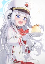 Rule 34 | + +, 1girl, amano misaki, black shirt, blue archive, blue eyes, blush, buttons, cherino (blue archive), coat, collared shirt, double-breasted, food, gloves, hair ribbon, halo, hat, highres, holding, holding plate, holding spoon, long hair, open mouth, plate, pudding, ribbon, shirt, shorts, smile, solo, sparkle, spoon, two side up, upper body, white coat, white gloves, white hair, white hat, white shorts