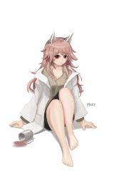Rule 34 | 1girl, absurdres, animal ears, artist name, bare legs, barefoot, cat ears, coffee, coffee mug, commentary, cup, fake animal ears, feet, frown, full body, girls&#039; frontline, highres, lab coat, legs, long hair, looking at viewer, marpaparp, messy hair, mug, persica (girls&#039; frontline), pink hair, red eyes, simple background, sitting, solo, spill, toes, white background