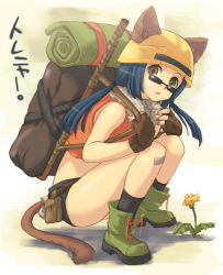 Rule 34 | 1girl, :o, animal ears, ankle boots, backpack, bag, bandaid, bandaid on knee, bandaid on leg, belt pouch, black socks, blue hair, boots, brown eyes, brown gloves, cat ears, cat tail, cross-laced footwear, dandelion, ears through headwear, fingerless gloves, flower, from side, full body, fur trim, gloves, green footwear, helmet, lace-up boots, long hair, low twintails, lowres, midriff, pouch, sleeveless, socks, solo, squatting, sunglasses, tail, takumi namuchi, twintails