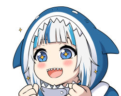 Rule 34 | + +, 1girl, animal hood, blue eyes, blunt bangs, blush, commentary, english commentary, excited, gawr gura, gawr gura (1st costume), hololive, hololive english, hood, kangbus, open mouth, parody, shark hood, sharp teeth, simple background, solo, teeth, upper body, virtual youtuber, white background