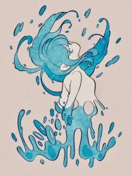 Rule 34 | 1girl, blue eyes, blue hair, cropped arms, cropped torso, expressionless, film grain, from side, head tilt, highres, liquid hair, long hair, looking at viewer, nude, original, sepia background, simple background, solo, uzuta, water drop