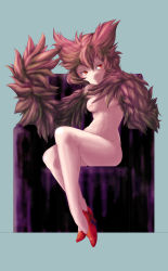 Rule 34 | 1girl, bird, breasts, drias, high heels, highres, hip focus, monster girl, nipples, nude, original, owl, red eyes, shoes, sitting, small breasts, smile, solo, wide hips, winged arms, wings