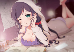Rule 34 | 1girl, absurdres, animal hood, arm support, ass, blurry, book, breasts, butt crack, cleavage, cup, depth of field, green eyes, highres, hood, large breasts, legs up, long hair, love live!, love live! school idol festival, love live! school idol project, low twintails, lying, mug, nacl (v virgo), on stomach, one eye closed, panties, poster (medium), poster (object), purple hair, solo, sparkle, striped clothes, striped panties, tojo nozomi, twintails, underwear