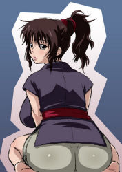 Rule 34 | 00s, 1girl, ass, barefoot, basilisk (manga), black eyes, blush, breasts, brown hair, female focus, gradient background, japanese clothes, large breasts, long hair, looking back, okoi, ponytail, sitting, solo