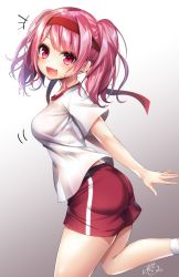 Rule 34 | +++, 1girl, :d, ass, bad id, bad pixiv id, bang dream!, blush, breasts, brown background, commentary request, gradient background, gym shirt, gym shorts, gym uniform, hairband, highres, looking at viewer, looking to the side, maruyama aya, medium breasts, open mouth, pink hair, purple eyes, ramchi, red hairband, red shorts, shirt, short shorts, short sleeves, shorts, signature, smile, socks, solo, standing, standing on one leg, twintails, white background, white shirt, white socks