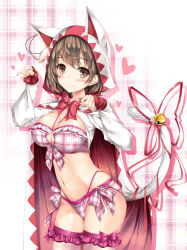 Rule 34 | 1girl, animal ears, animal hood, arched back, bell, bikini, blush, bow, bow legwear, bowtie, breasts, bridal garter, brown eyes, brown hair, cat ears, cat girl, cat hood, cat tail, cleavage, cleavage cutout, cloak, closed mouth, clothing cutout, commentary request, cowboy shot, devout, final fantasy, final fantasy iii, frilled legwear, front-tie bikini top, front-tie top, halterneck, heart, highleg, highleg bikini, highres, hood, hooded cloak, jewelry, jingle bell, kamiya tomoe, large breasts, long sleeves, looking at viewer, multi-strapped bikini, navel, paw pose, pink bikini, pink ribbon, plaid, plaid background, plaid bikini, red bow, red bowtie, ribbon, ring, short hair, shrug (clothing), side-tie bikini bottom, sidelocks, silhouette, skindentation, sleeves past wrists, slit pupils, smile, solo, standing, stomach, swimsuit, tail, white background