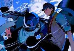 Rule 34 | 2boys, armor, baseball cap, black gloves, black hair, blue background, blue coat, blue eyes, blue hair, blue headwear, blue scarf, blue shirt, blue sweater, blue theme, brown vest, building, closed mouth, coat, collared coat, collared shirt, furrowed brow, gloves, hat, highres, humanoid robot, korean commentary, lanyard, long sleeves, looking at viewer, male focus, multicolored hair, multiple boys, original, over shoulder, robot, sasi mozzi1, scarf, shirt, short hair, skyscraper, streaked hair, sweater, turtleneck, turtleneck sweater, upper body, very short hair, vest, weapon, weapon over shoulder, wind
