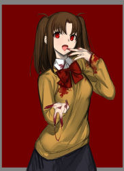 Rule 34 | 1girl, :d, black skirt, blood, blood on clothes, blood on hands, blood splatter, border, bow, bowtie, breasts, brown hair, collared shirt, cowboy shot, finger to mouth, grey border, head tilt, highres, long sleeves, looking at viewer, medium breasts, medium hair, open mouth, parted bangs, red background, red bow, red bowtie, red eyes, school uniform, shirt, sidelocks, simple background, sketch, skirt, smile, solo, standing, sweater, tetsu (kimuchi), tsukihime, tsukihime (remake), two side up, white shirt, wing collar, yellow sweater, yumizuka satsuki