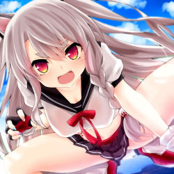 Rule 34 | 1girl, :d, animal ears, azur lane, belt, black skirt, blush, braid, breasts, claw pose, fangs, fingerless gloves, gloves, highres, long hair, looking at viewer, medium breasts, multicolored nails, nail polish, open mouth, pleated skirt, red belt, red eyes, red gloves, school uniform, serafuku, side braid, skirt, smile, solo, spread legs, squatting, tail, thick eyebrows, thighs, watarui, wolf ears, wolf girl, wolf tail, yuudachi (azur lane)