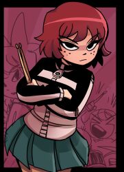 Rule 34 | 1girl, absurdres, black eyes, bob cut, closed mouth, crossed arms, drumsticks, freckles, frown, highres, holding, holding drumsticks, jacket, kim pine, looking at viewer, multicolored clothes, multicolored jacket, peargor, red hair, scott pilgrim (series), short hair, skirt, solo, two-tone jacket, zipper pull tab