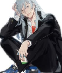 Rule 34 | 1boy, alternate universe, arm on knee, bandaid, bandaid on neck, bishounen, black pants, blue eyes, blue hair, blurry, collared shirt, depth of field, drink, elbow on knee, gakuran, hair behind ear, hair between eyes, hand on own head, head rest, head tilt, heterochromia, holding, holding drink, indian style, jacket, jujutsu kaisen, light blue hair, light smile, long bangs, long hair, looking at viewer, mahito (jujutsu kaisen), male focus, milk carton, nike (company), nonockha, open clothes, open jacket, pants, partially unbuttoned, product placement, realistic, red eyes, red shirt, school uniform, shirt, shirt under shirt, shoes, simple background, sitting, sneakers, soft focus, solo, untucked shirt, white background