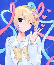 Rule 34 | 1girl, blonde hair, blowing kiss, blue background, blue bow, blue eyes, blue hair, blue shirt, bow, chouzetsusaikawa tenshi-chan, closed mouth, commentary, hair bow, hand up, heart, highres, long hair, long sleeves, looking at viewer, multicolored hair, multiple hair bows, needy girl overdose, one eye closed, pink bow, pink hair, purple bow, quad tails, sailor collar, shirt, solo, symbol-only commentary, upper body, yellow bow, yumeno (yume0601)