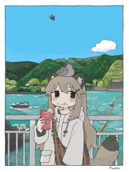 Rule 34 | 156m, 1girl, animal ears, bag, bird, blue sky, boat, brown hair, cloud, coat, commentary request, copyright request, dock, drawstring, eating, food, food on face, green eyes, hair ornament, hairclip, highres, holding, holding food, hood, hood down, hooded coat, leaf, long hair, looking at viewer, mountain, raccoon ears, raccoon girl, raccoon tail, railing, shoulder bag, sky, solo, tail, tree, water, watercraft, white coat