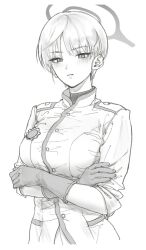 1girl aegyo_sal arms_under_breasts blue_archive blush breasts buttons closed_mouth crossed_arms gloves greyscale halo highres imaninjaguy large_breasts light_frown looking_at_viewer marina_(blue_archive) military_uniform monochrome short_hair simple_background solo upper_body