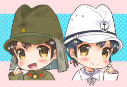 Rule 34 | 2girls, black hair, blush, bow, brown eyes, chibi, commentary, hair bow, hair ornament, hairclip, hand on own cheek, hand on own face, hand up, hat, imperial japanese army, imperial japanese navy, looking at viewer, m tap, military, military uniform, multiple girls, naval uniform, open mouth, original, polka dot, polka dot background, portrait, short hair, smile, soldier, uniform