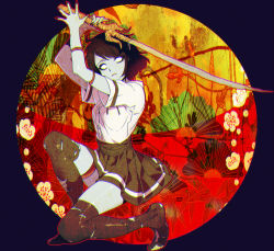 Rule 34 | 1girl, alternate costume, alternate hairstyle, animification, black hair, black nails, black thighhighs, colored skin, dead by daylight, expressionless, frown, grey skin, holding, holding sword, holding weapon, looking at viewer, mizu cx, nail polish, no pupils, shirt, shirt tucked in, short hair, solo, squatting, sword, the spirit (dead by daylight), thigh strap, thighhighs, torn clothes, torn thighhighs, weapon, white eyes, white shirt