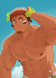 Rule 34 | 1boy, abs, absurdres, animal ears, bara, brown hair, closed mouth, cloud, cow boy, cow ears, cow horns, day, eye black, facial hair, fiery horns, forked eyebrows, glowing horns, goatee, highres, horns, large pectorals, male focus, muscular, muscular male, navel, nipples, outdoors, pectorals, short hair, sky, smile, solo, t-ryu, thick eyebrows, tokyo houkago summoners, topless male, upper body, wakan tanka