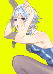 Rule 34 | 1girl, absurdres, amocibat, arms up, artist name, bare shoulders, blue dress, blue eyes, bow, bowtie, braid, breasts, bunny day, dress, green bow, green bowtie, grey pantyhose, hair between eyes, hair bow, hands up, highres, izayoi sakuya, leotard, looking at viewer, maid, maid headdress, medium breasts, open mouth, pantyhose, playboy bunny, rabbit pose, short hair, silver hair, simple background, sitting, sleeveless, solo, touhou, twin braids, yellow background