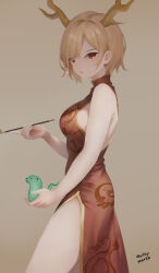 Rule 34 | 1girl, absurdres, alternate costume, blonde hair, brown background, china dress, chinese clothes, commentary, dragon girl, dragon horns, dress, guilty merlin, highres, holding pipette, horns, kicchou yachie, looking at viewer, otter spirit (touhou), red dress, red eyes, short hair, signature, simple background, smoking, touhou