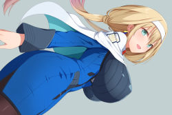 Rule 34 | alternate breast size, blonde hair, blue jacket, blush, breasts, capelet, covered erect nipples, dress, from side, green background, hair behind ear, hair between eyes, hairband, huge breasts, jacket, long hair, low-tied long hair, low twintails, mitsuba greyvalley, open clothes, pantyhose, ribbed dress, shinki (shinki59), sideboob, sidelocks, smile, striped, super robot wars, super robot wars 30, twintails, vertical stripes, white capelet, white hairband