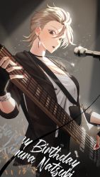 Rule 34 | 1girl, artist name, asymmetrical bangs, black jacket, blonde hair, breasts, candy, character name, cleavage, dated, earrings, electric guitar, fingerless gloves, food, gloves, green eyes, guitar, happy birthday, highres, idolmaster, idolmaster cinderella girls, instrument, jacket, jewelry, kimura natsuki, light stick, lollipop, looking at viewer, looking down, medium breasts, microphone, mouth hold, music, nail polish, necklace, onyang, playing instrument, shirt, solo, stage lights, white shirt, wrist chain