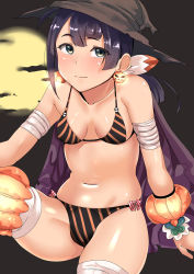 Rule 34 | 1girl, ahoge, asymmetrical bangs, bikini, black bikini, black hair, black hat, bracelet, breasts, brown eyes, chirashi (so), commentary request, cowboy shot, fujinami (kancolle), full moon, hair ribbon, halloween, hat, jewelry, kantai collection, long hair, moon, pumpkin, ribbon, side ponytail, sitting, small breasts, solo, striped bikini, striped clothes, swimsuit, thighhighs, white ribbon, white thighhighs, witch hat