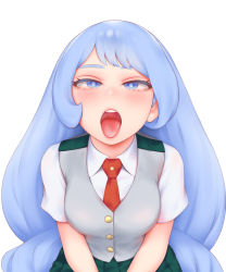 Rule 34 | 10s, 1girl, :p, absurdly long hair, blue eyes, blue hair, blush, boku no hero academia, breasts, hadou nejire, half-closed eyes, highres, long hair, looking at viewer, medium breasts, naughty face, open mouth, oral invitation, pleated skirt, school uniform, short sleeves, shpo, simple background, skirt, solo, tongue, tongue out, upper body, very long hair, white background