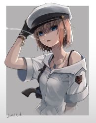 Rule 34 | 1girl, artist name, black gloves, blue eyes, brown hair, cigarette, cigarette holder, collarbone, gloves, gun, hand on headwear, handgun, hat, highres, holding, holding weapon, jewelry, junshiki, looking at viewer, military, military hat, military uniform, necklace, open mouth, original, parted lips, revolver, short hair, simple background, smoking, solo, uniform, upper body, weapon, white hat