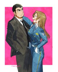 Rule 34 | 1boy, 1girl, belt, black hair, black jacket, black necktie, black pants, blonde hair, blush, buzz cut, closed mouth, commentary request, cowboy shot, czech gana, facing another, formal, gloves, hagiwara chihaya, highres, jacket, long hair, looking at another, meitantei conan, necktie, notice lines, pants, pink background, police, police uniform, policewoman, short hair, smile, suit, sweatdrop, thick eyebrows, turtleneck, uniform, very short hair, white gloves, yokomizo jugo