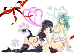 Rule 34 | 2girls, all fours, animal ears, animal hands, aqua hair, artist request, ass, bashou (senran kagura), black bow, black hair, bow, breasts, cat ears, cat girl, cat lingerie, cat paws, cat tail, choker, cleavage, collar, dontakadx, eyepatch, fur choker, fur collar, fur trim, green hair, heart, heels, keyhole bra, lace, large breasts, looking at viewer, meme attire, mirai (senran kagura), multiple girls, paw print, paw print background, pink bow, pink ribbon, purple eyes, red eyes, red ribbon, ribbon, senran kagura, sitting, source request, tail, thick thighs, thighhighs, thighs, white background