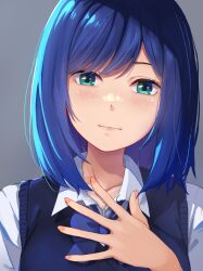 Rule 34 | 1girl, absurdres, aqua eyes, black sweater vest, blue bow, blue bowtie, blue hair, blush, bow, bowtie, closed mouth, collarbone, collared shirt, commentary, grey background, hand on own chest, highres, kurokawa akane, looking at viewer, medium hair, oshi no ko, parted bangs, peng peng, school uniform, shade, shadow, shirt, simple background, solo, sweater vest, swept bangs, upper body, variant set, white shirt
