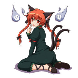 Rule 34 | 1girl, animal ears, bad id, bad pixiv id, braid, cat ears, cat girl, cat tail, female focus, floating skull, full body, ghost, ishida seito, kaenbyou rin, kneeling, leg ribbon, looking back, multiple tails, no socks, pointing, pointing at self, red eyes, red hair, ribbon, shoes, simple background, sitting, solo, tail, touhou, twin braids, twintails, wariza, white background