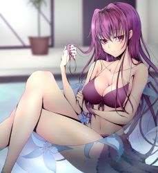 Rule 34 | 1girl, bikini, blurry, blush, breasts, cleavage, depth of field, fate/grand order, fate (series), highres, innertube, large breasts, long hair, looking away, purple hair, red eyes, sarong, scathach (fate), solo, swim ring, swimsuit, tetsu (excalibur920)