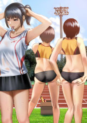 Rule 34 | 3girls, adjusting buruma, adjusting clothes, adjusting hair, ass, black hair, brown hair, buruma, commentary request, day, facing away, hair tie, hair tie in mouth, highres, mouth hold, multiple girls, original, ponytail, see-through, short hair, sweat, track and field, track uniform, tying hair, urasuji samurai