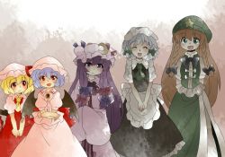 Rule 34 | 5girls, arms behind back, bad id, bad pixiv id, blonde hair, bow, braid, comic, crescent, crossed arms, closed eyes, female focus, flandre scarlet, green eyes, grey theme, hair bow, hammer (sunset beach), hands in opposite sleeves, hat, hong meiling, izayoi sakuya, light purple hair, long hair, maid, maid headdress, multiple girls, muted color, patchouli knowledge, purple eyes, purple hair, red eyes, red hair, remilia scarlet, short hair, side ponytail, smile, star (symbol), touhou, twin braids, v arms