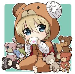 Rule 34 | 10s, 1girl, animal costume, bandages, bear costume, blonde hair, blue eyes, boko (girls und panzer), boko (girls und panzer) (cosplay), braid, chibi, cosplay, cup, darjeeling (girls und panzer), full body, girls und panzer, green background, holding, looking at viewer, onesie, outside border, parda siko, short hair, sitting, solo, stuffed animal, stuffed toy, teacup, teddy bear, twin braids