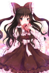 Rule 34 | 1girl, adapted costume, alternate costume, bad id, bad pixiv id, bow, brown eyes, brown hair, chocolate, covering own mouth, detached sleeves, dress, female focus, frilled sleeves, frills, gift, hair bow, hair tubes, hakurei reimu, heart, japanese clothes, long hair, miko, nunucco, ribbon, solo, touhou, valentine