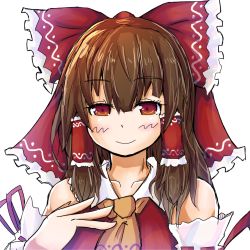 Rule 34 | 1girl, ascot, bad id, bad twitter id, blush, bow, brown hair, close-up, cookie (touhou), detached sleeves, hair bow, hair ribbon, hair tubes, hakurei reimu, kanna (cookie), long hair, looking at viewer, nnns, red eyes, ribbon, simple background, solo, touhou, white background