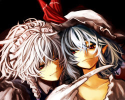 Rule 34 | 2girls, black background, blade to throat, bow, braid, collarbone, expressionless, glint, gloves, hat, hat bow, holding, izayoi sakuya, knife, light smile, looking at another, maid headdress, mob cap, multiple girls, pointy ears, portrait, red eyes, remilia scarlet, rion (glayjirobass), sideways glance, silver hair, simple background, touhou, twin braids, white gloves