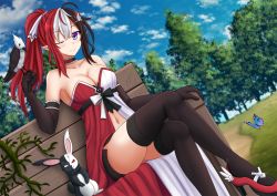 Rule 34 | 1girl, ;), ahoge, aqua eyes, babydoll, bench, bird, bird on hand, black gloves, black shorts, black thighhighs, blush, breasts, bug, butterfly, choker, cleavage, closed mouth, collarbone, commentary, crossed legs, day, dutch angle, elbow gloves, elf, english commentary, gloves, hair ornament, hair ribbon, hairclip, hand up, high heels, highres, insect, kazenokaze, medium breasts, on bench, one eye closed, original, outdoors, park bench, pointy ears, ponytail, rabbit, red choker, red footwear, ribbon, short shorts, shorts, sidelocks, skindentation, smile, solo, strapless, thighhighs, thighs, tree, white ribbon